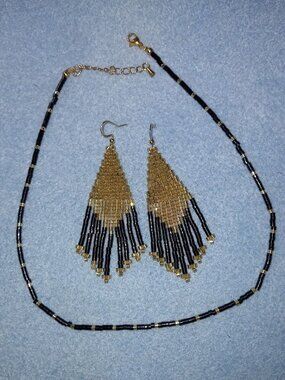 ✨ NWT Handmade Beaded Jewelry Set Gold Black Fringe Earrings Choker ✨